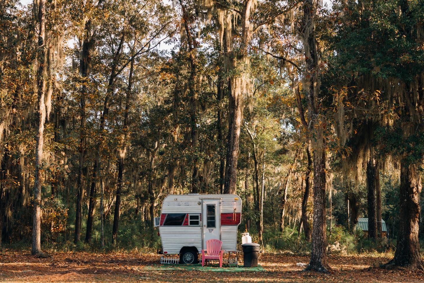 Small travel trailer in the woods